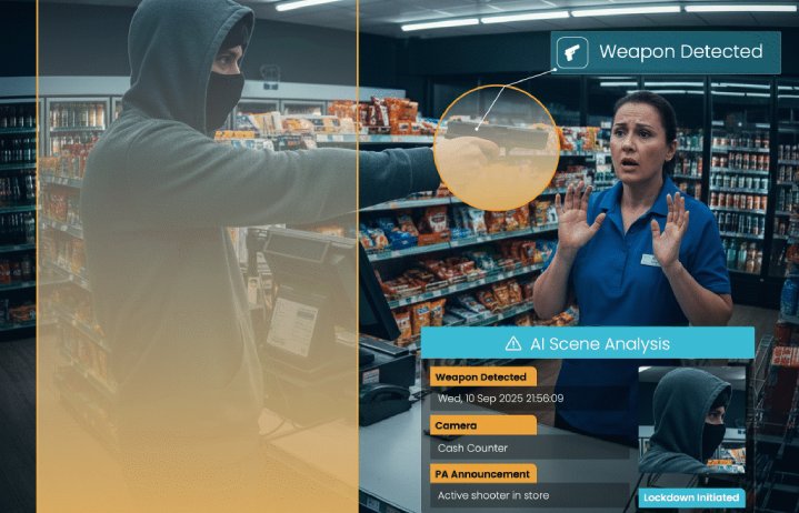 Real-time AI alerts in a retail store with weapon detection and scene analysis